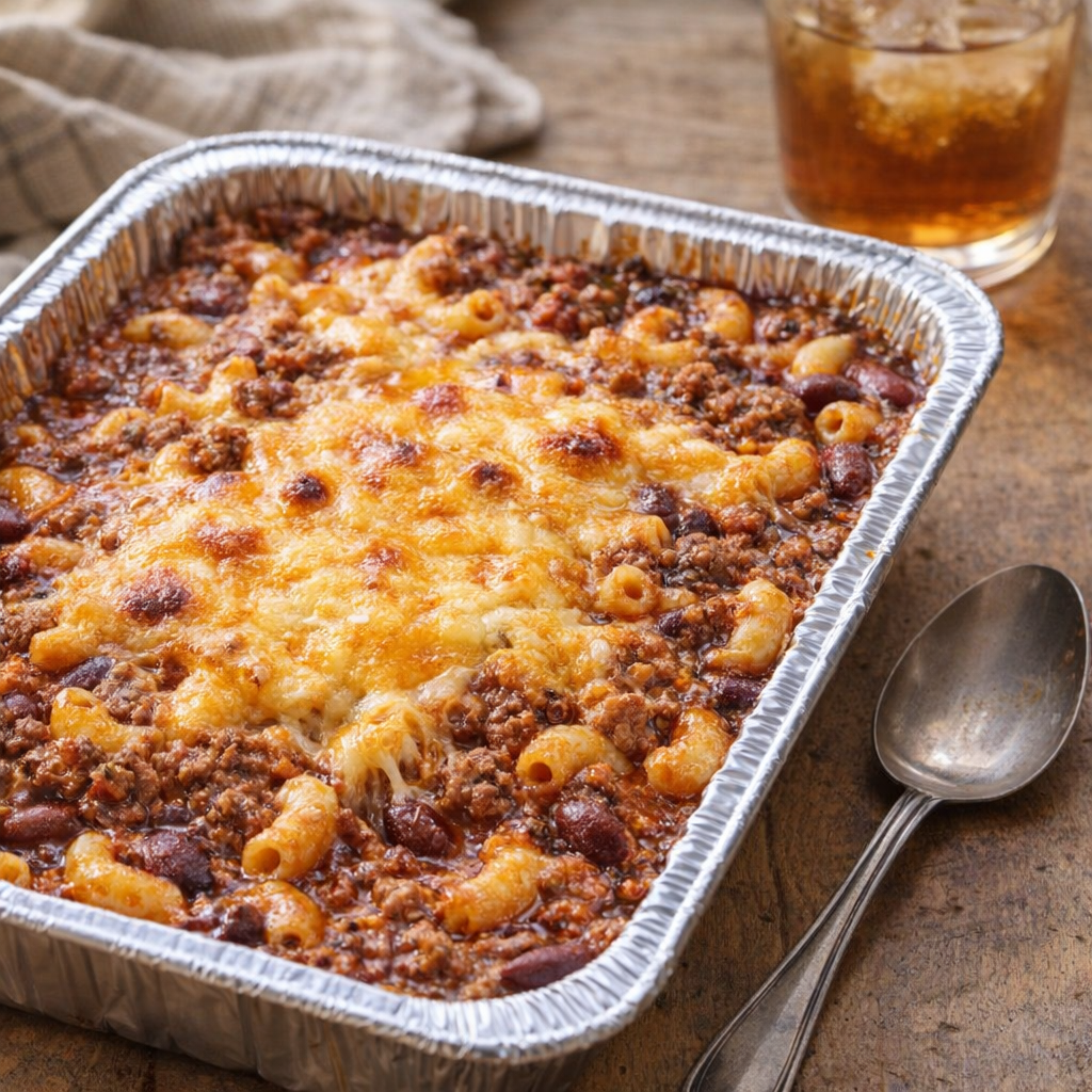 Foil pan of chili mac casserole on a country kitchen table