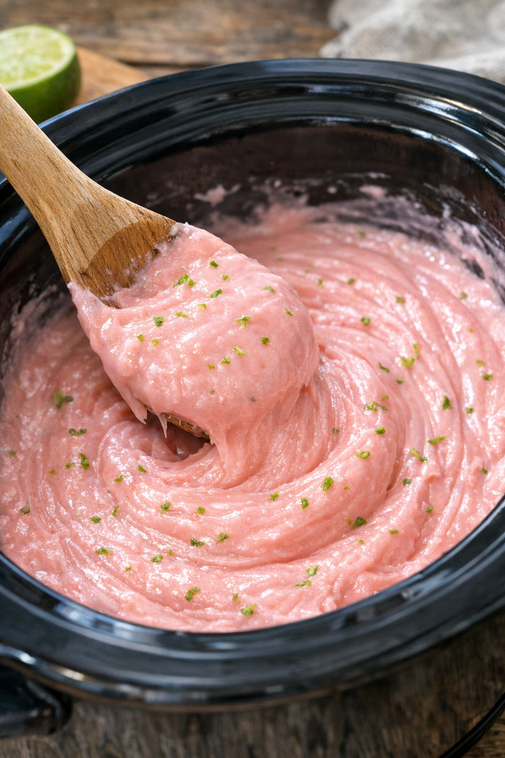 Smooth pink fudge mixture in the slow cooker