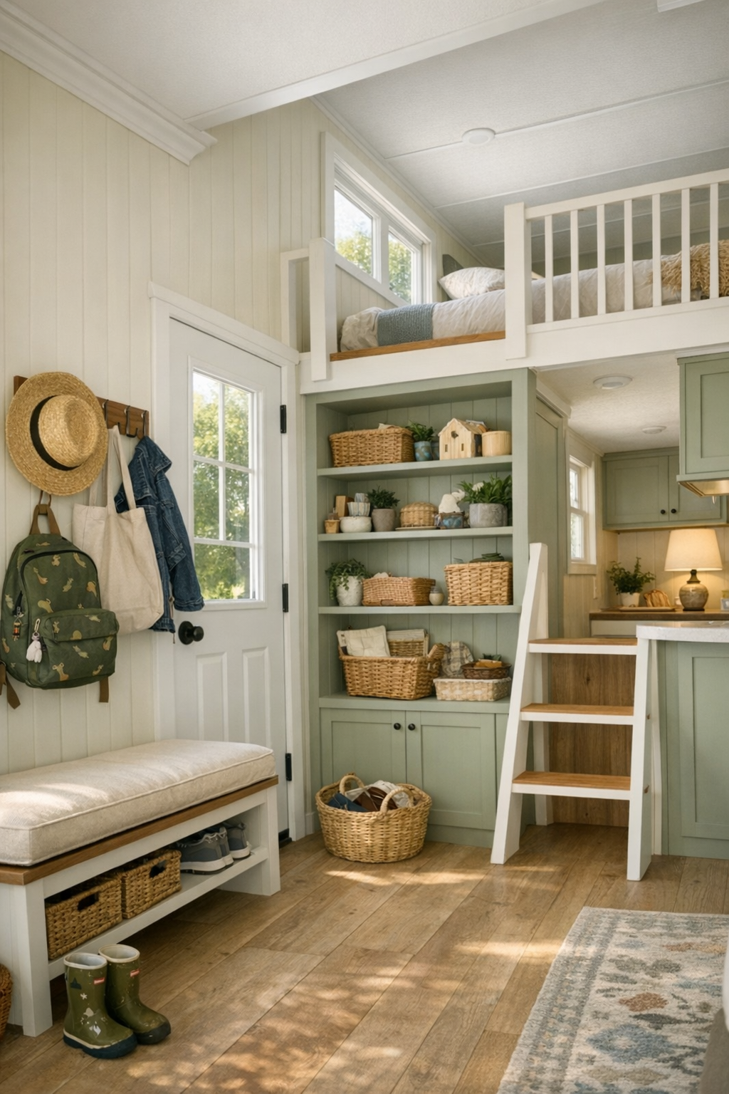 Charming small entry and loft area with built-in storage and cottage details