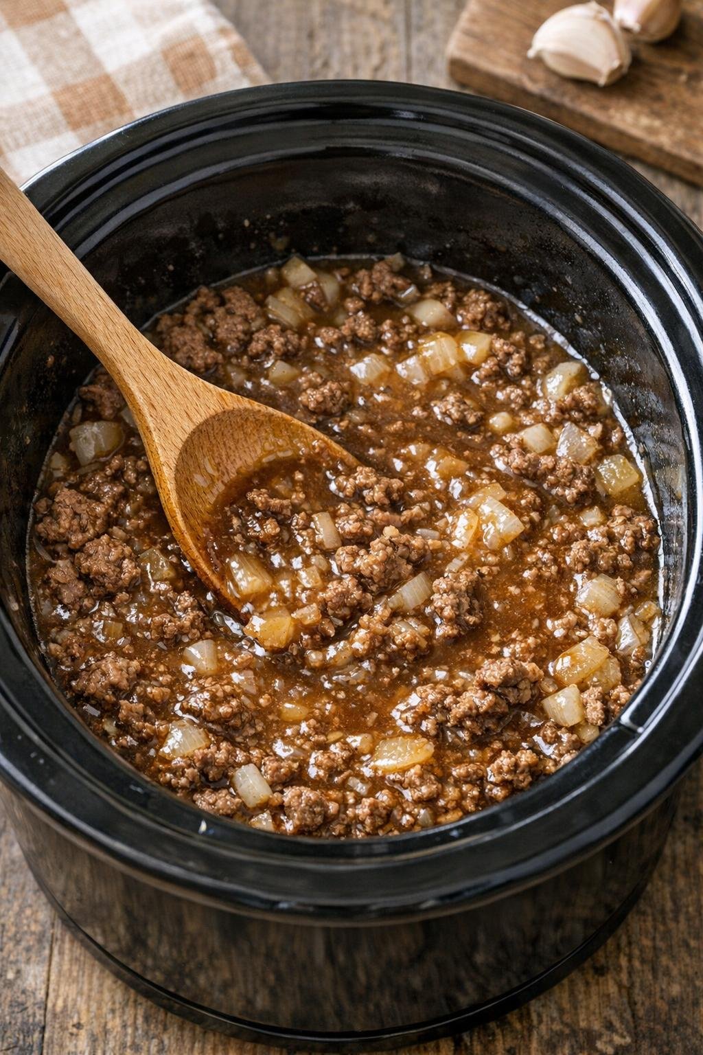 Rundvleesmengsel en soep gecombineerd in een slowcooker.