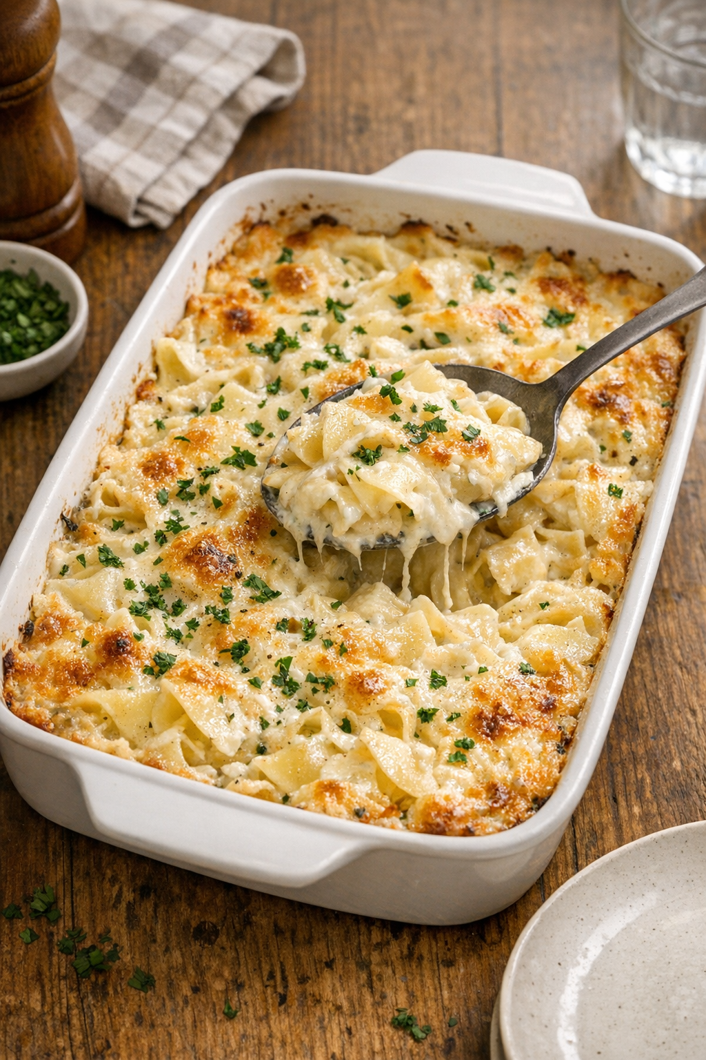 Finished baked mascarpone egg noodles in a rustic baking dish