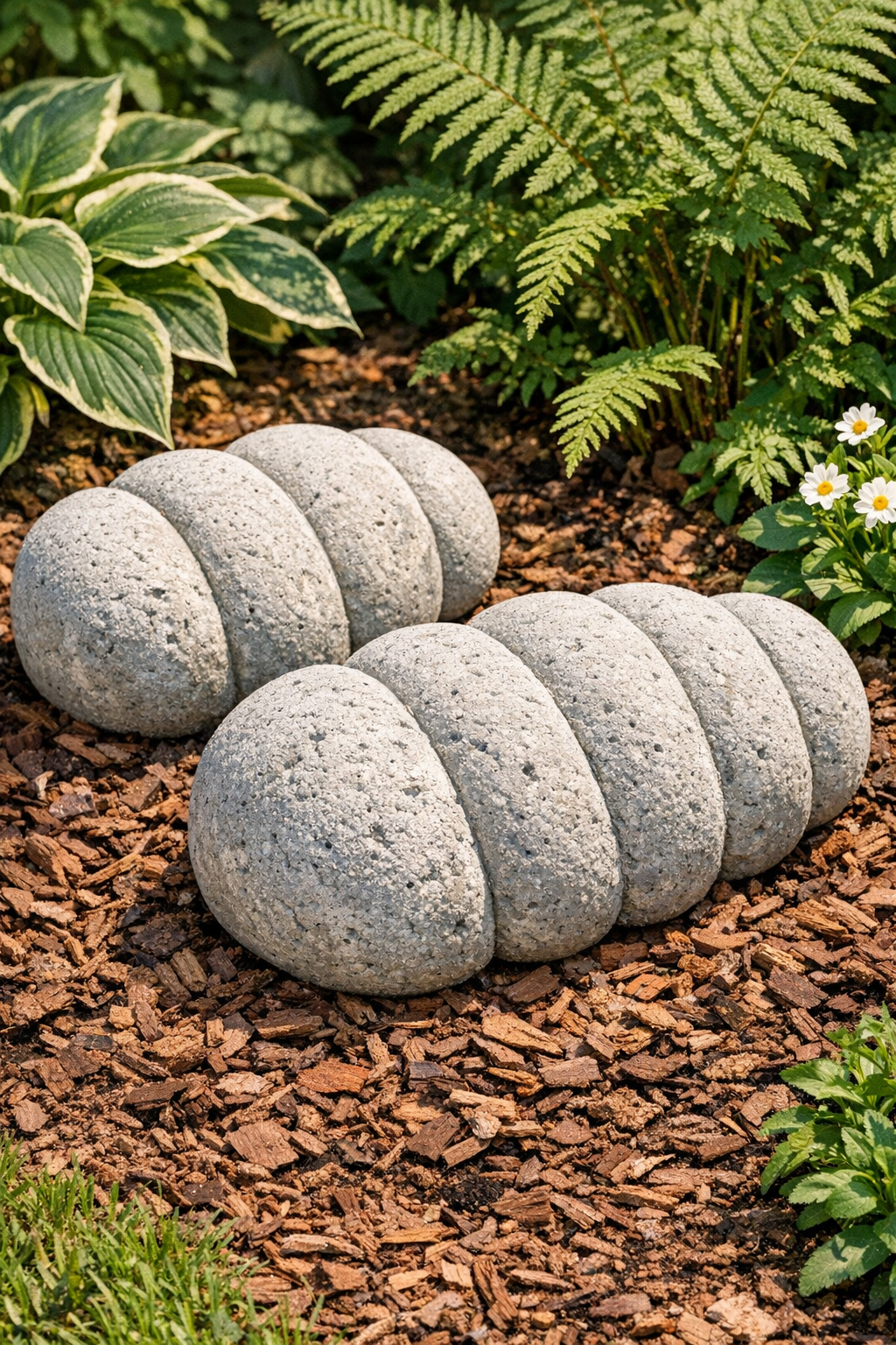 Finished segmented yard stones made from cement-filled tube socks in a garden bed