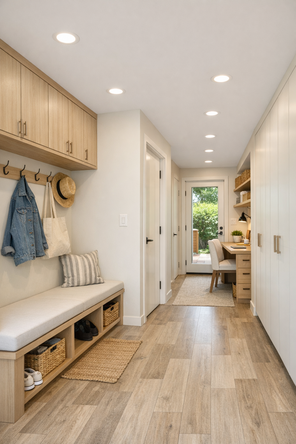 Bright entry and hallway with built-in bench and clean modern storage
