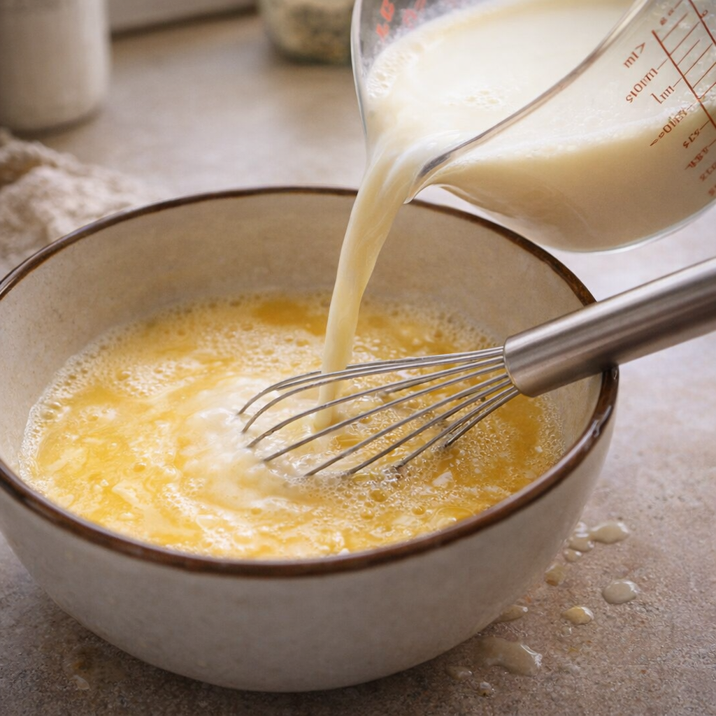Eggs being tempered with warm milk for tapioca pudding