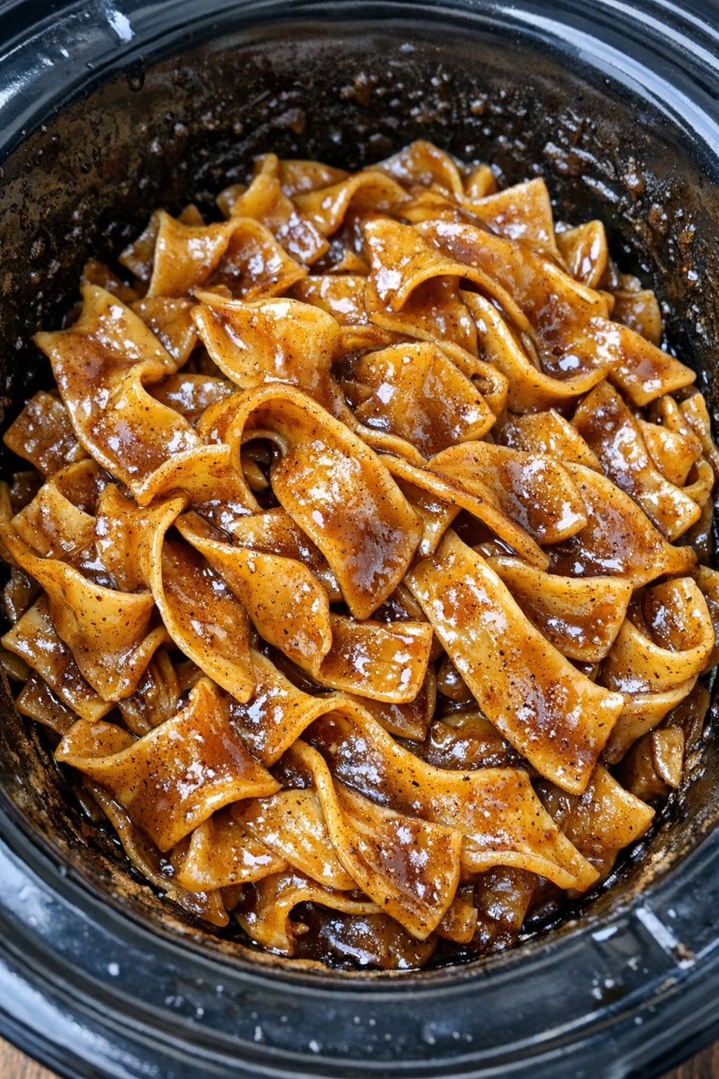 Slow cooker Amish apple butter noodles in a black slow cooker