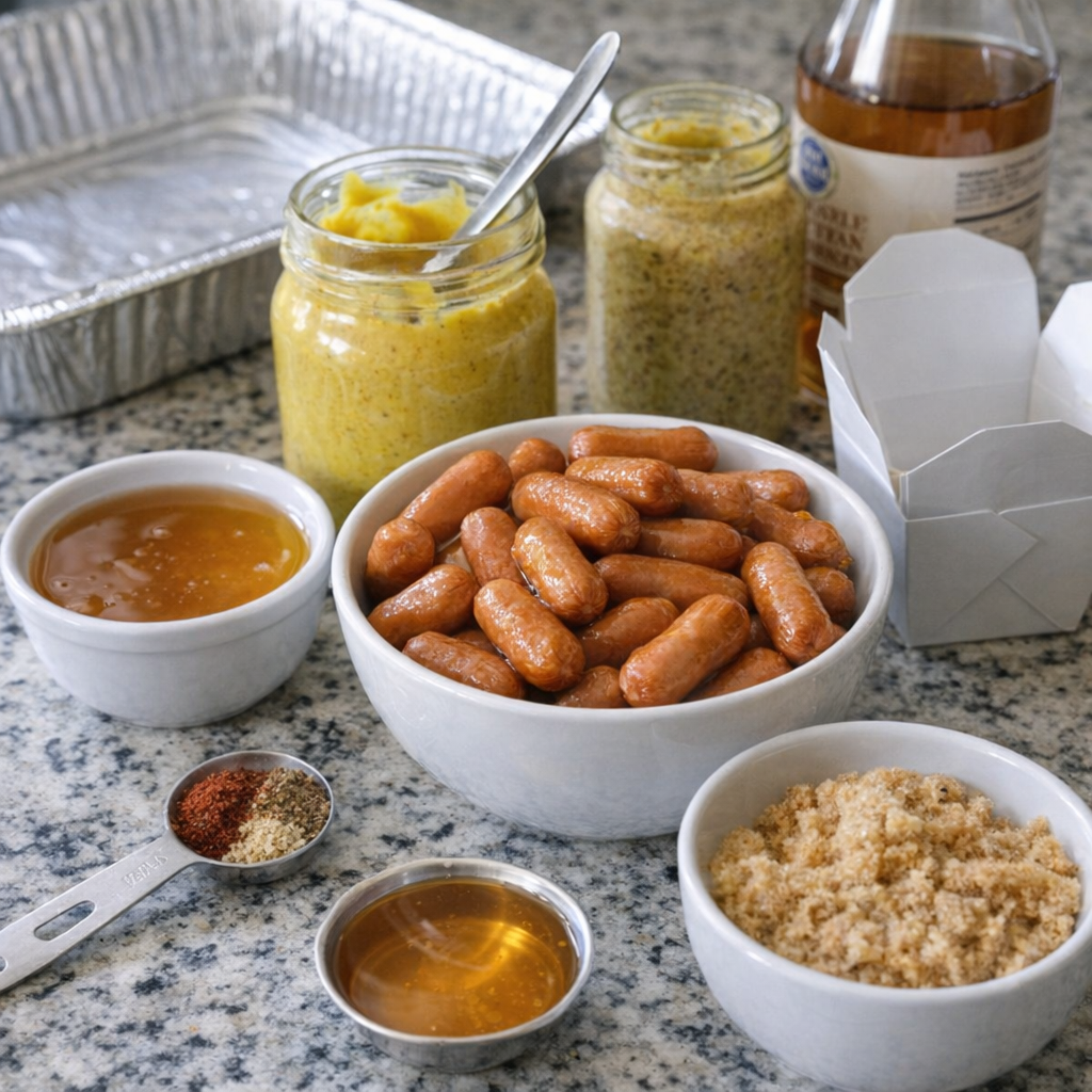 Ingredients for honey mustard lil smokies on a kitchen counter
