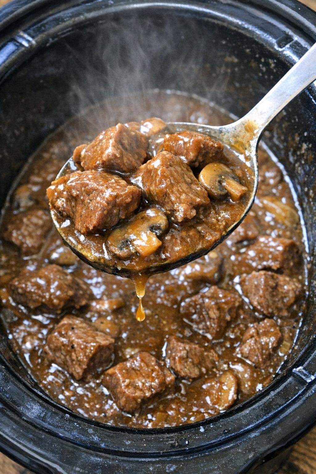 Tender beef tips and gravy in a slow cooker