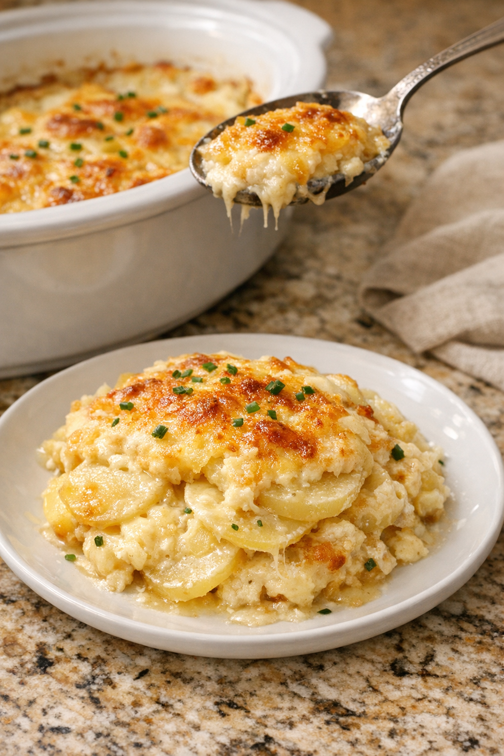 Finished plated golden potato casserole with creamy cheese and browned top
