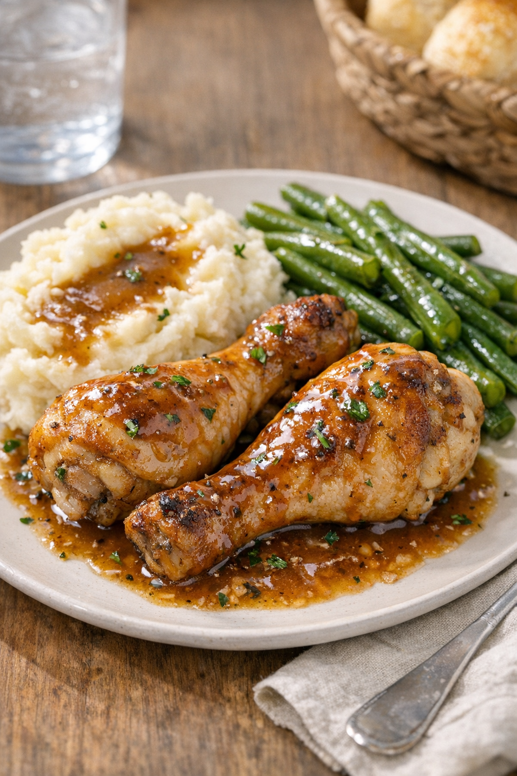 Plated baked chicken drumsticks with simple sides