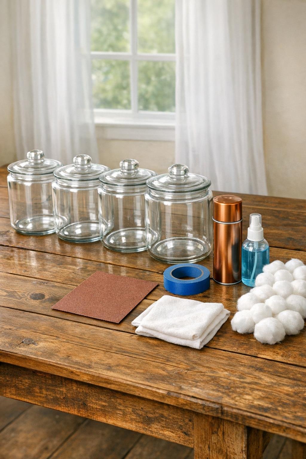 Four glass cookie jars, copper spray paint, and simple crafting supplies laid out together