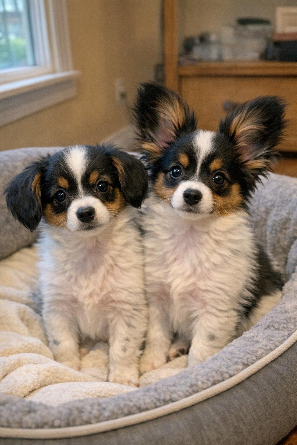Papillon puppy with floppy dropped ears beside a littermate with erect ears