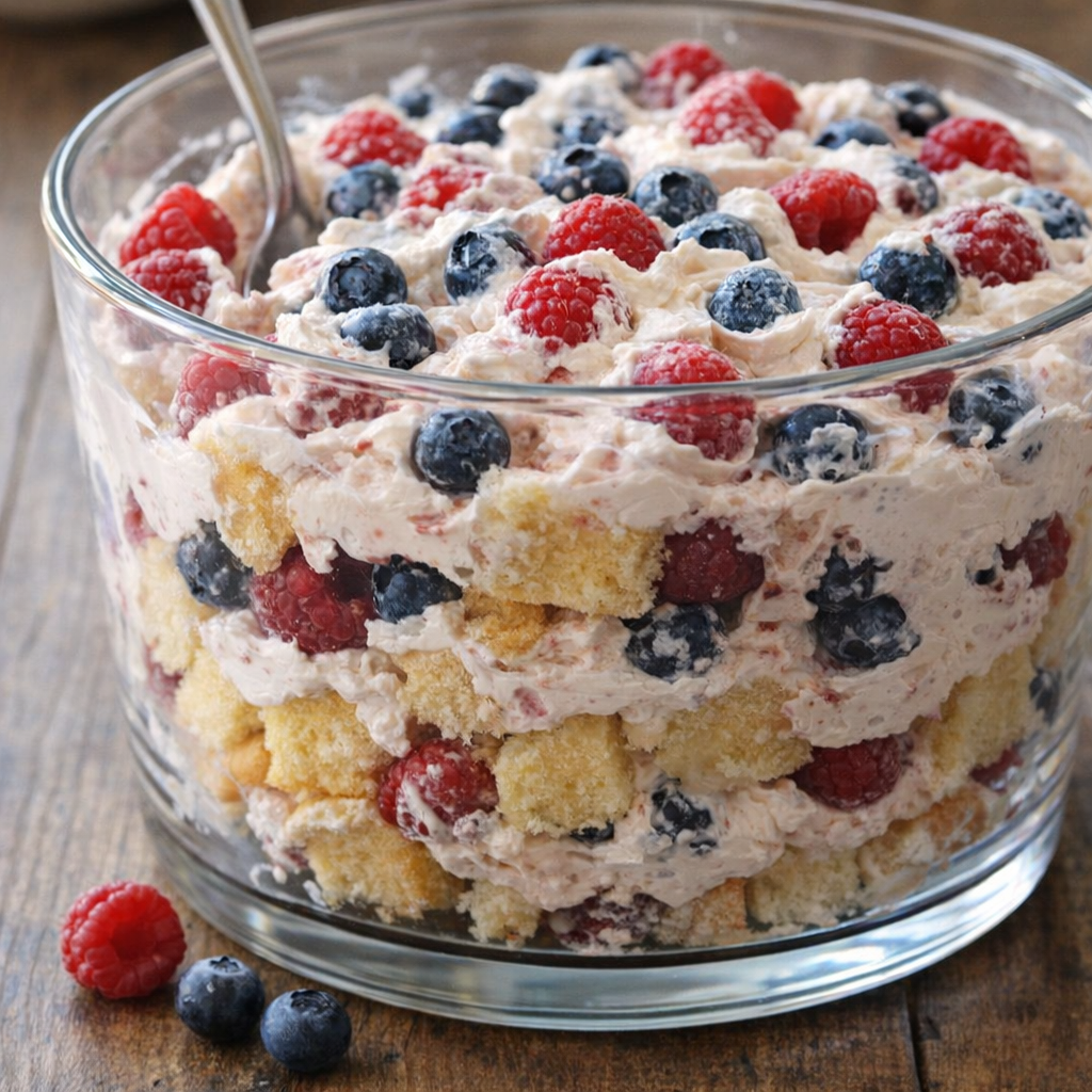 Mid-assembly trifle with visible layers in a clear glass bowl