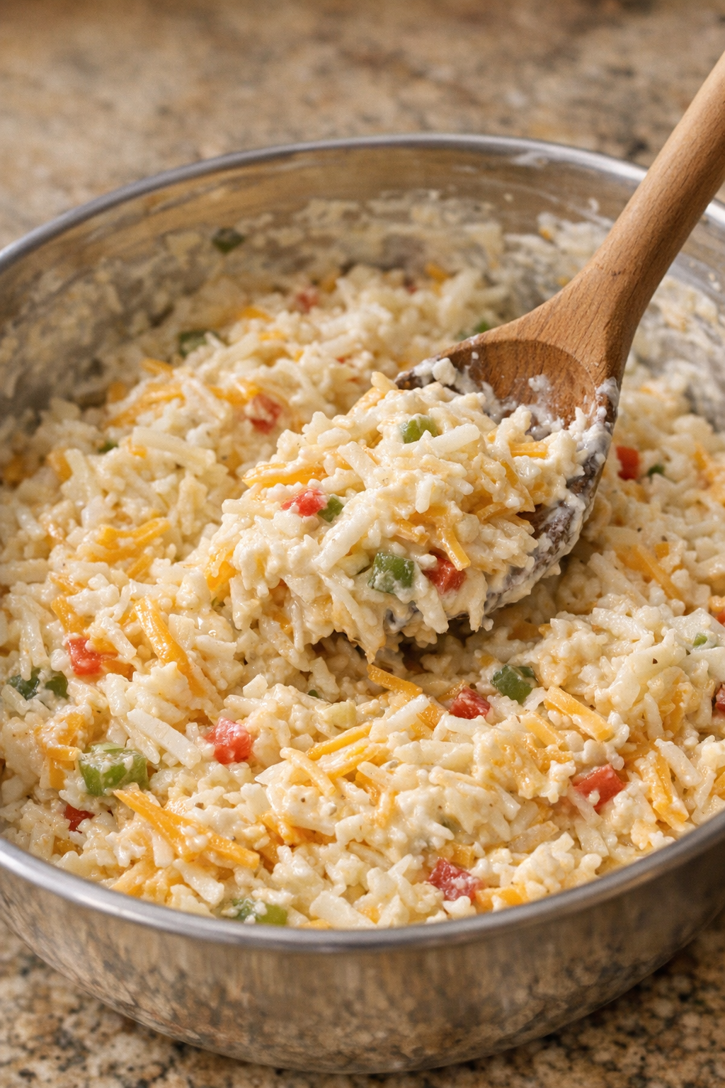 Potatoes and cheese mixed into creamy casserole base
