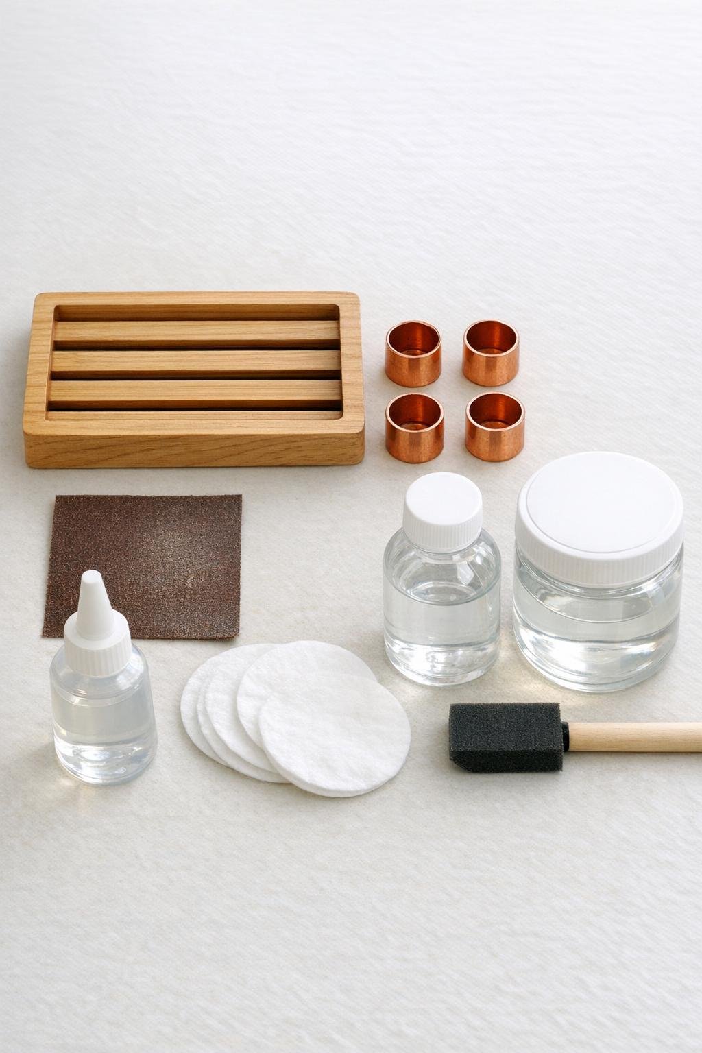 Materials for a copper pipe fitting toothbrush holder laid out together