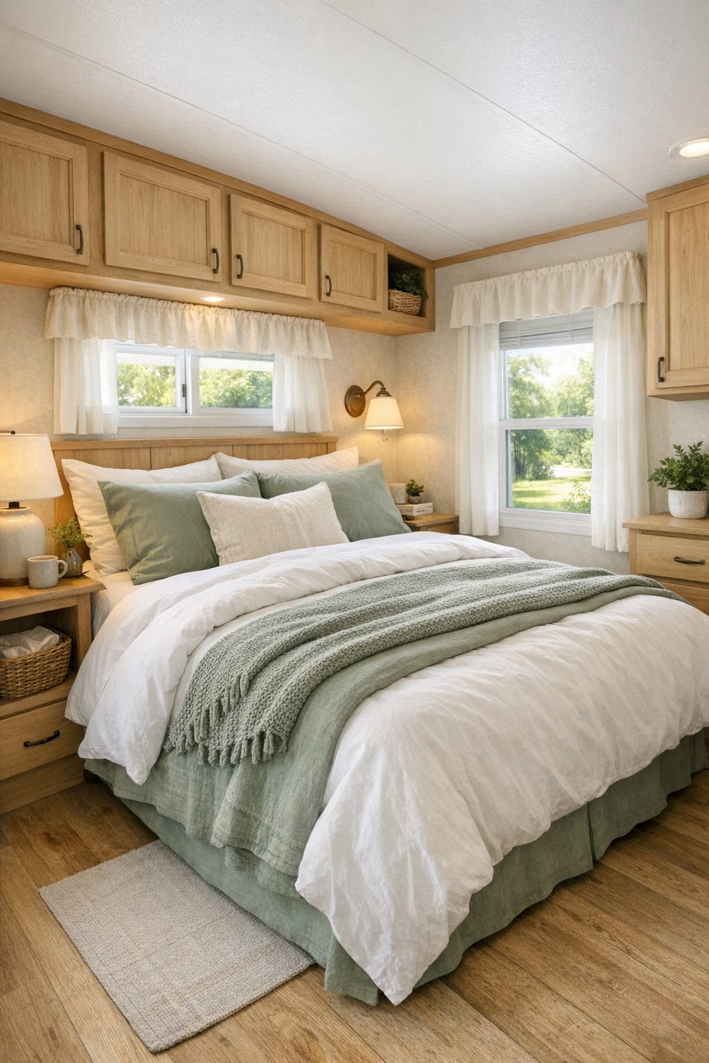 Soft restful bedroom with layered bedding and built-in storage