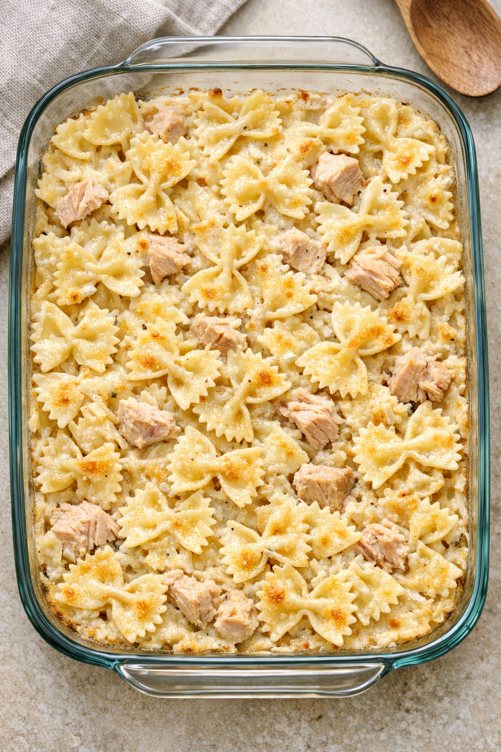 Finished baked tuna farfalle in a glass baking dish