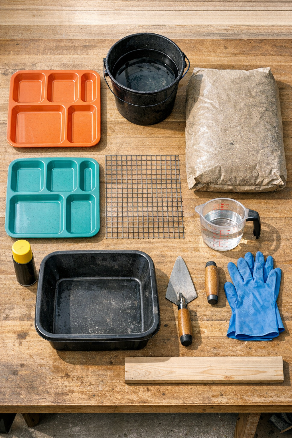 Materials for making concrete patio blocks laid out on a worktable