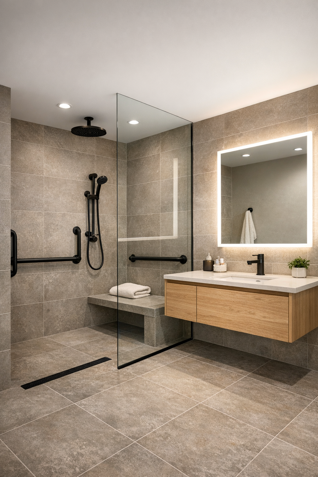 Accessible bathroom with curbless shower and light oak vanity