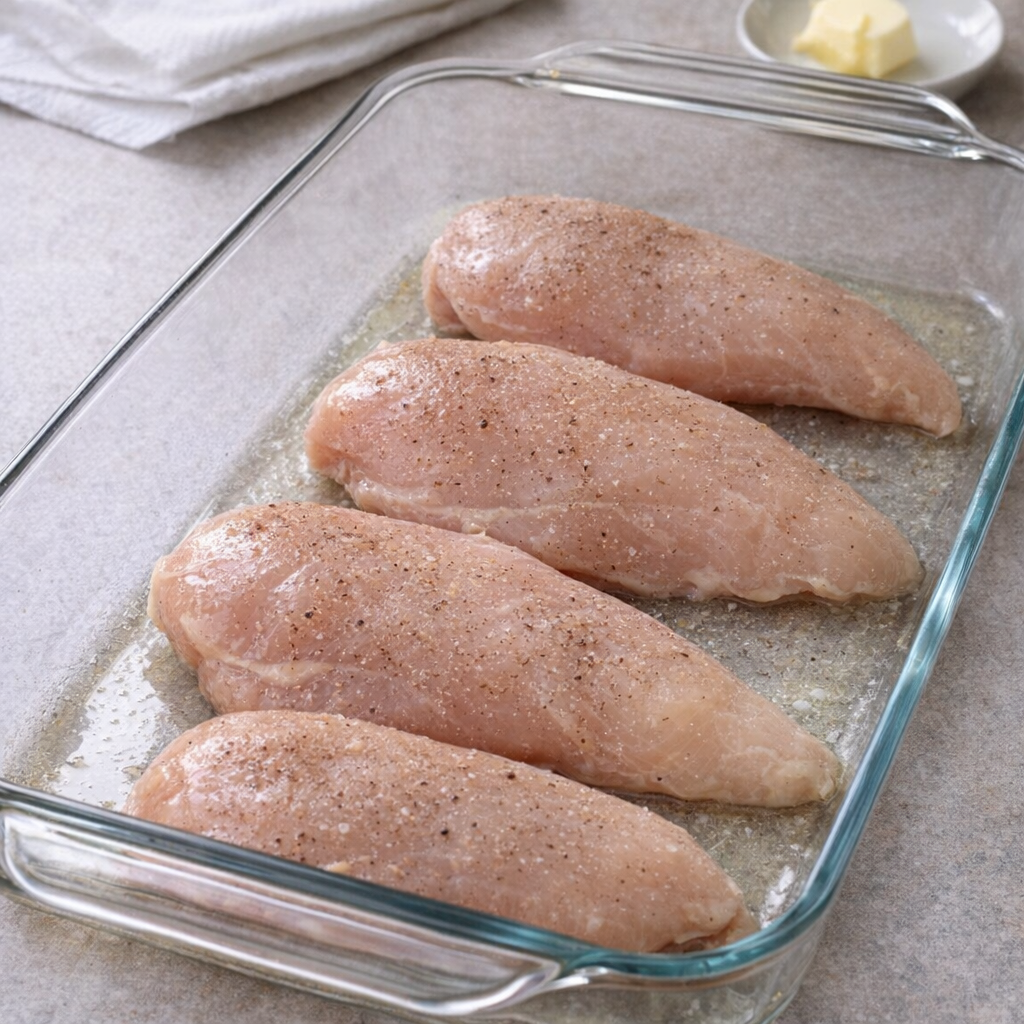Chicken breasts arranged in a greased baking dish
