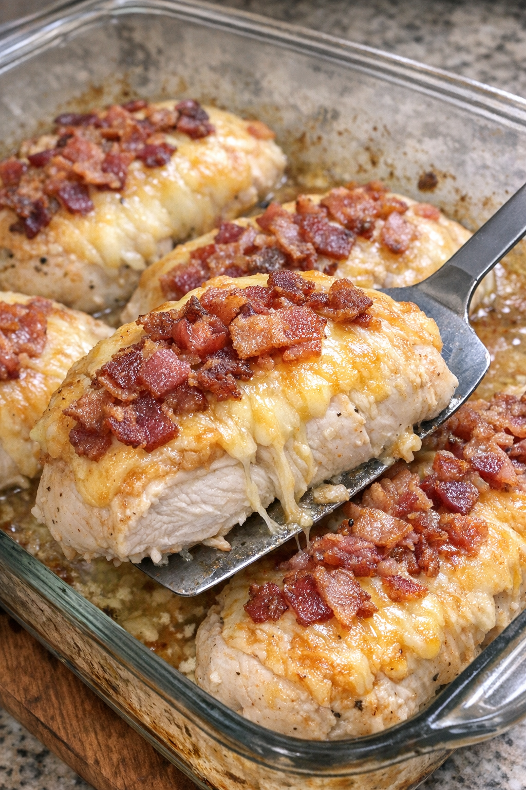 Baked chicken breasts with melted cheese and bacon in a Pyrex dish