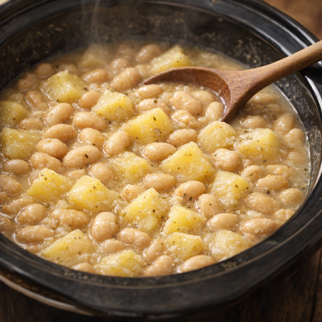 Finished potato and butter beans inside the slow cooker
