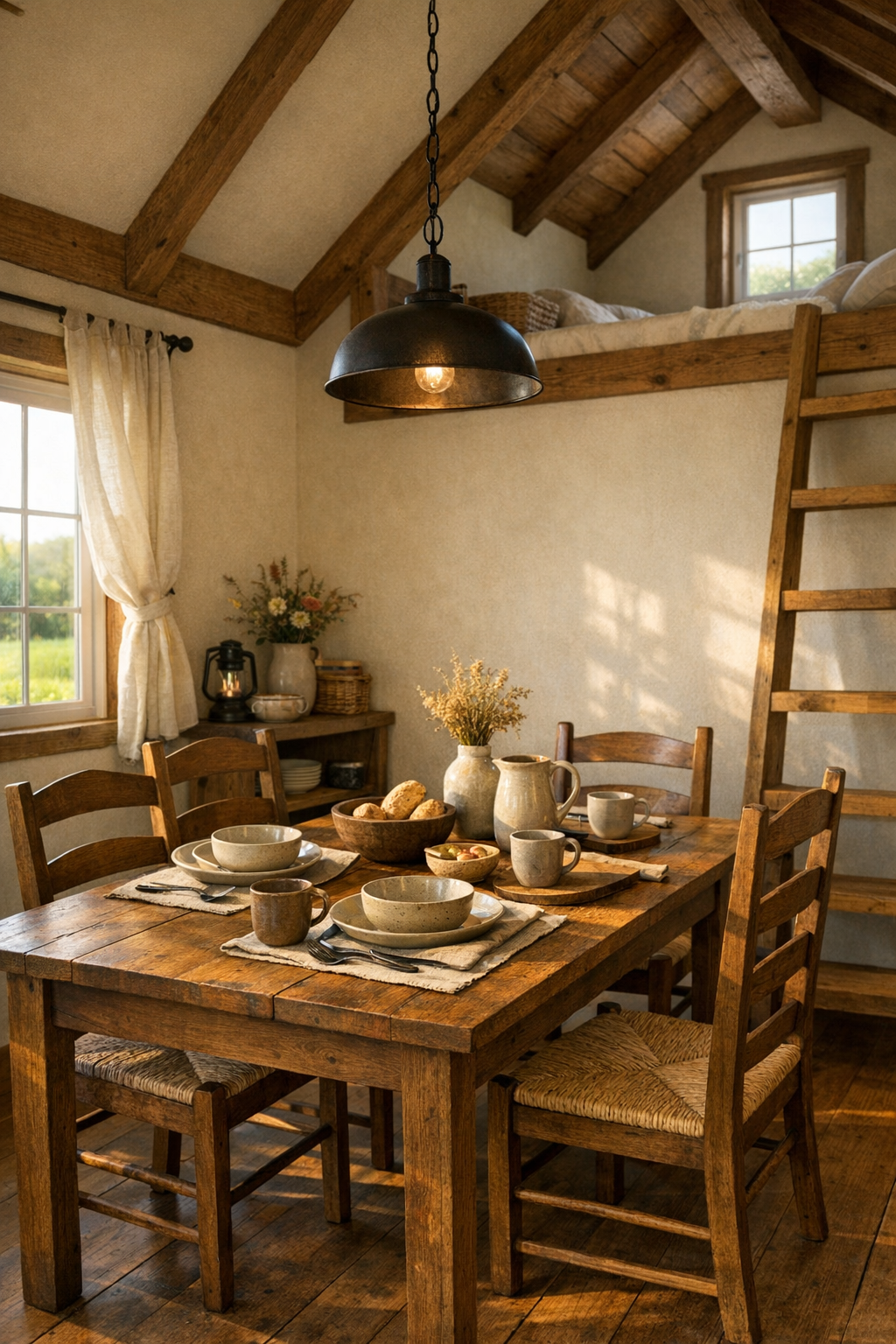 Small farmhouse dining area with solid wood table and ladder-back chairs
