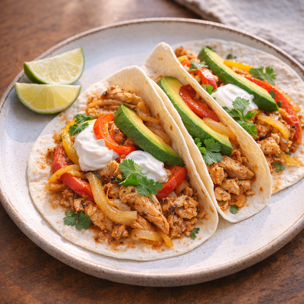 Chicken fajitas plated in tortillas with colorful toppings