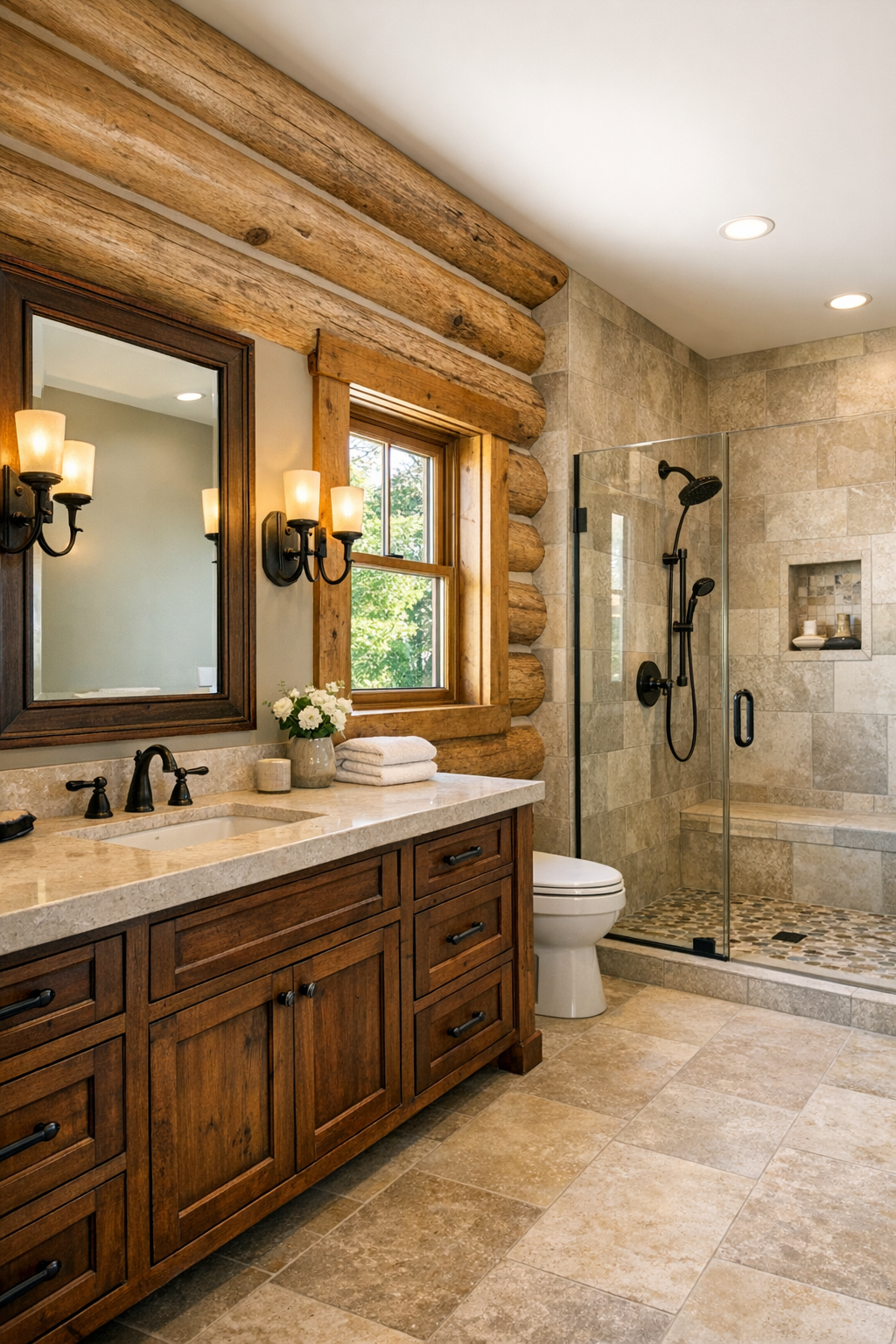 Bathroom with a wood vanity, stone countertop, tiled shower, iron sconces, and calm natural finishes