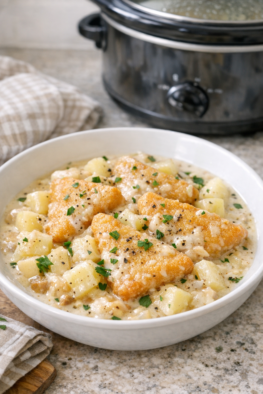 Finished creamy fish triangles with potatoes