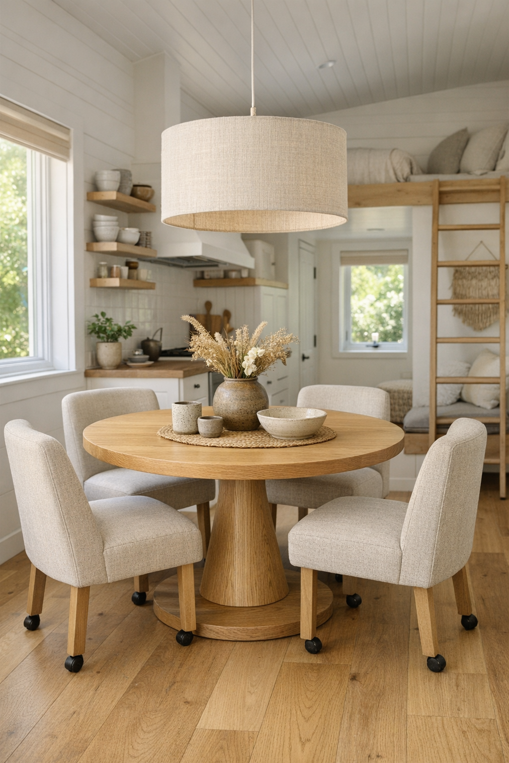 Tiny home dining area with round oak table, upholstered chairs, and linen pendant light