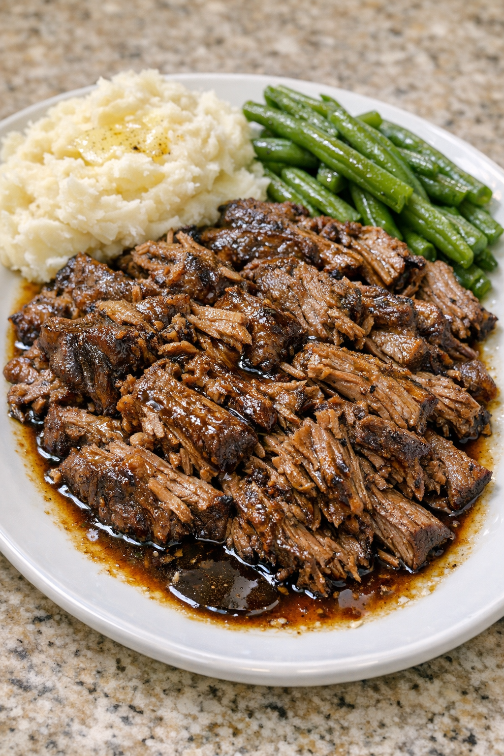 Finished Amish molasses beef plated with sauce