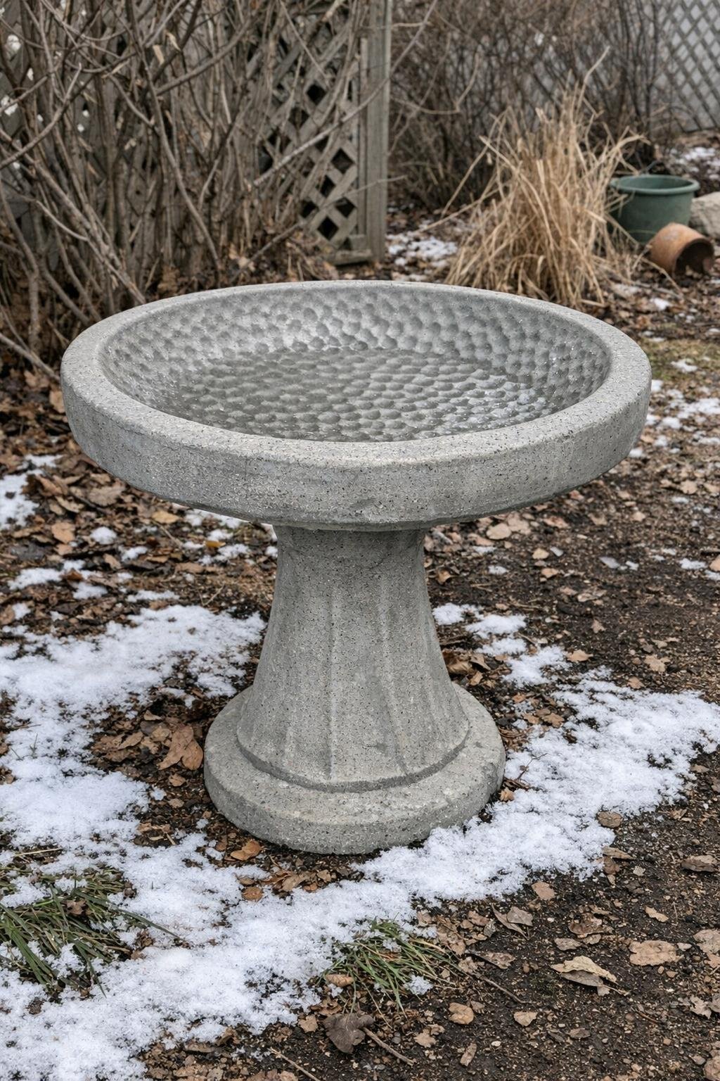 Concrete birdbath with hammered foil texture in a winter garden