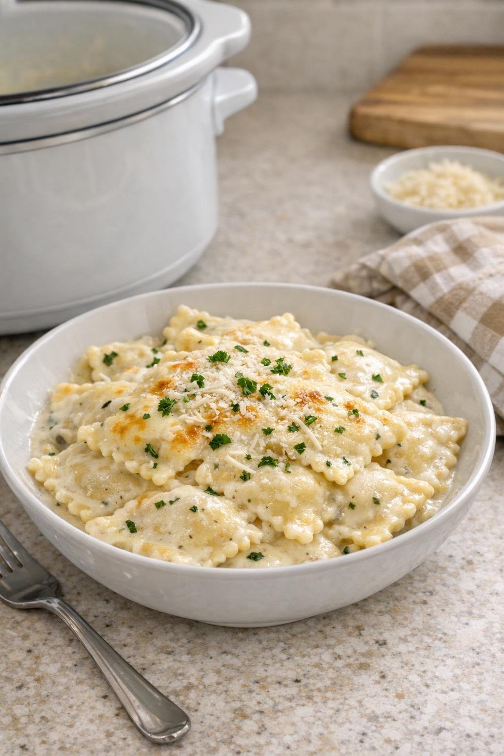 Finished creamy alfredo ravioli plated in a shallow bowl