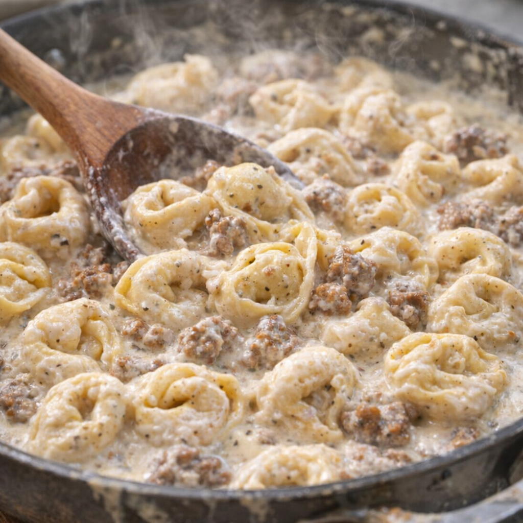 Tortellini täckt med krämig korv Alfredo-sås i stekpanna