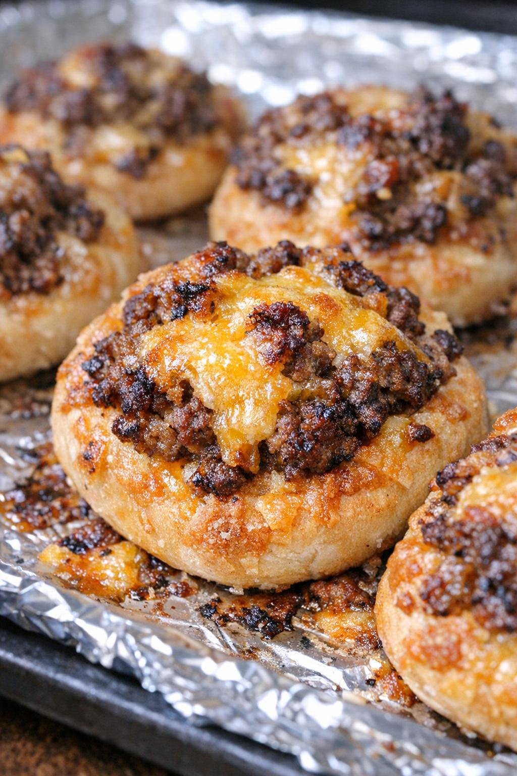 Southern 3-ingredient beefy cafeteria bites on a foil-lined baking tray