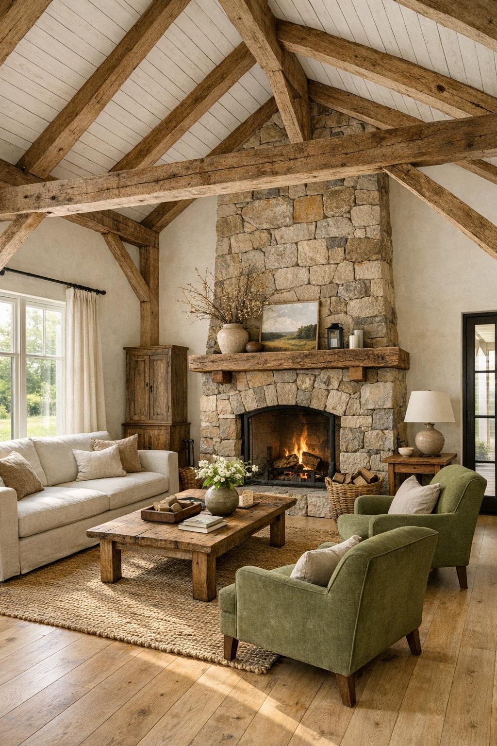 Farmhouse living room with exposed beams, linen seating, and a stone fireplace