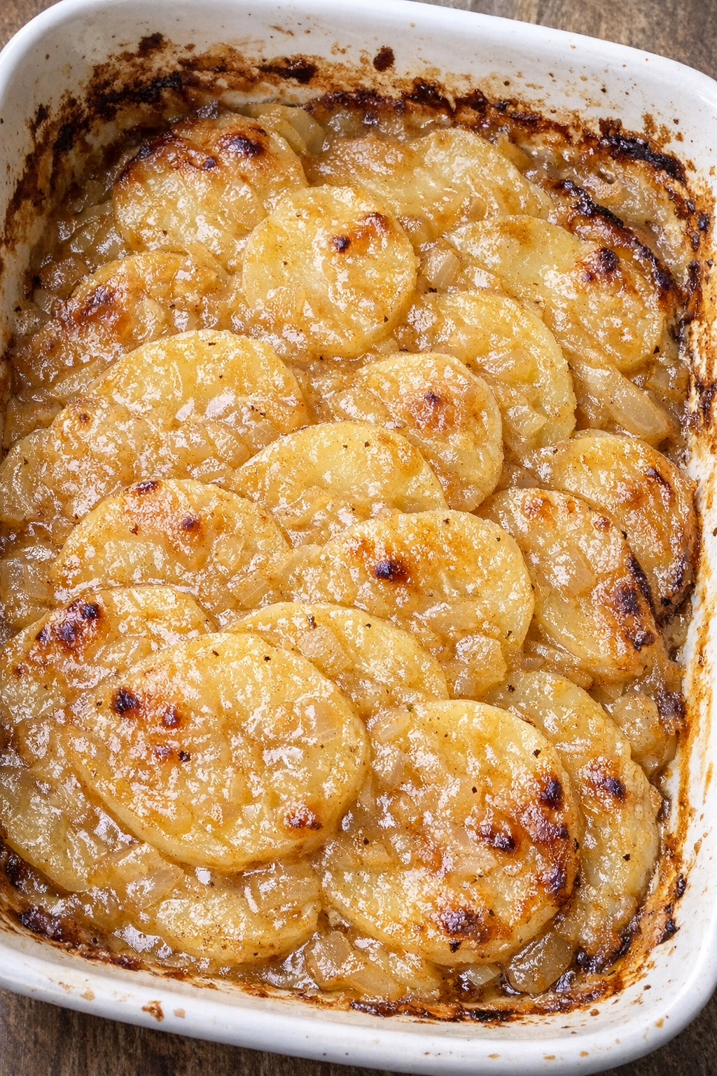 Soft scalloped potatoes in onion gravy bake