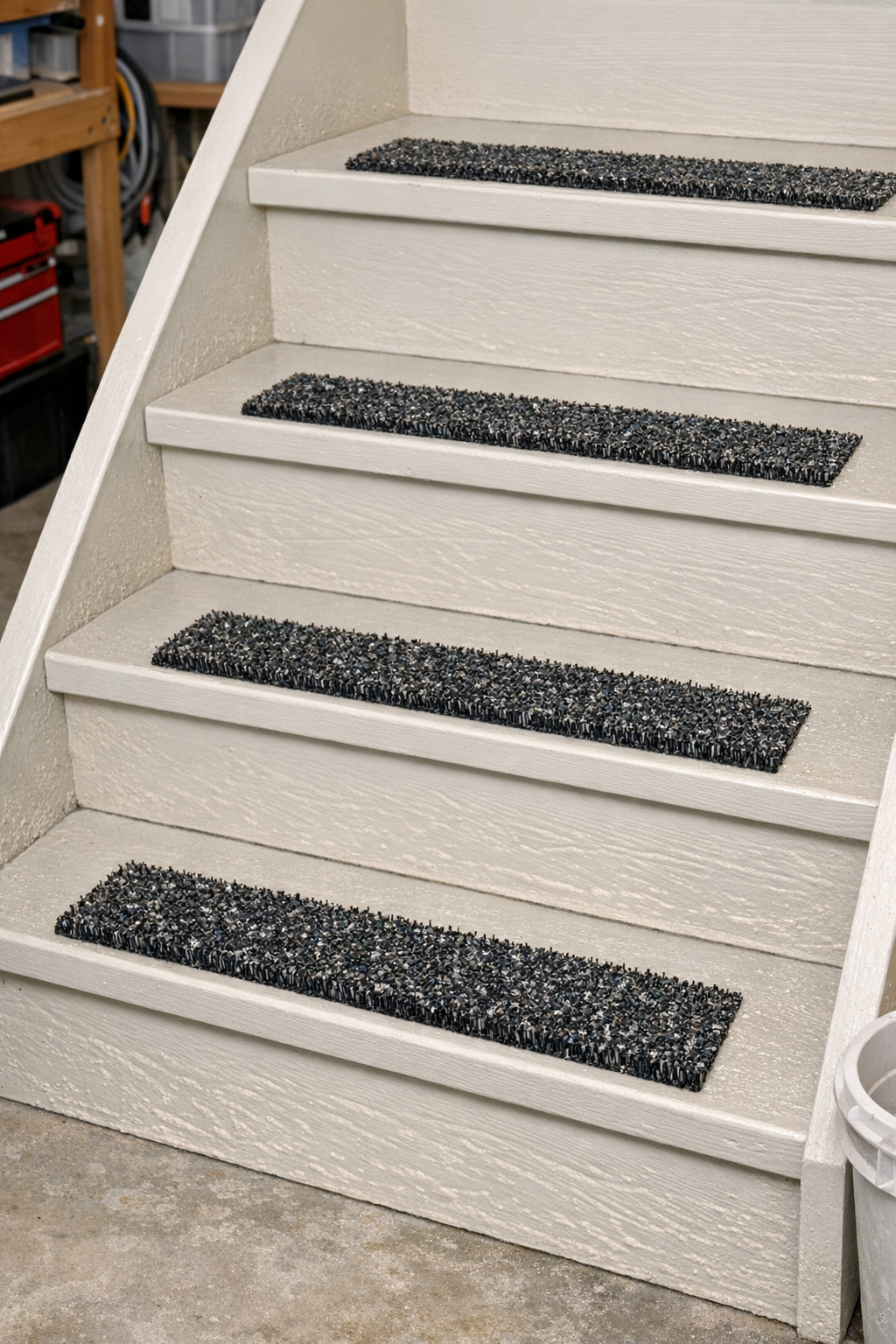 Completed non-slip stair treads made from melted broom bristles