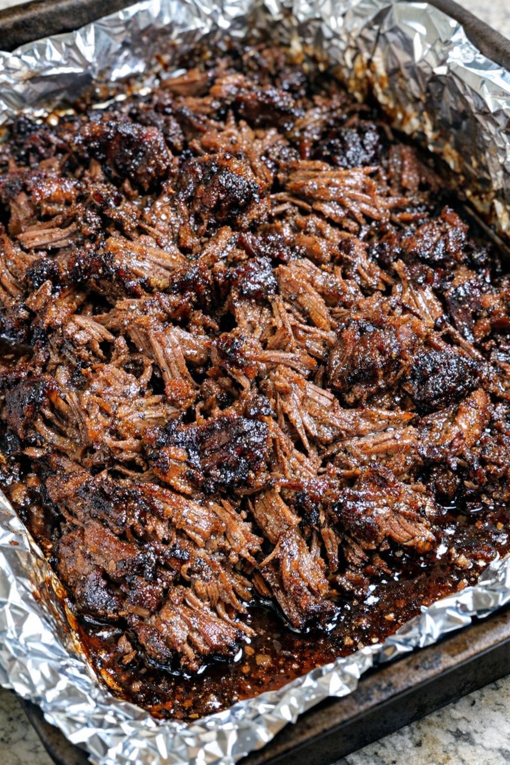 Tender shredded beef brisket with dark caramelized glaze in a foil-lined baking sheet