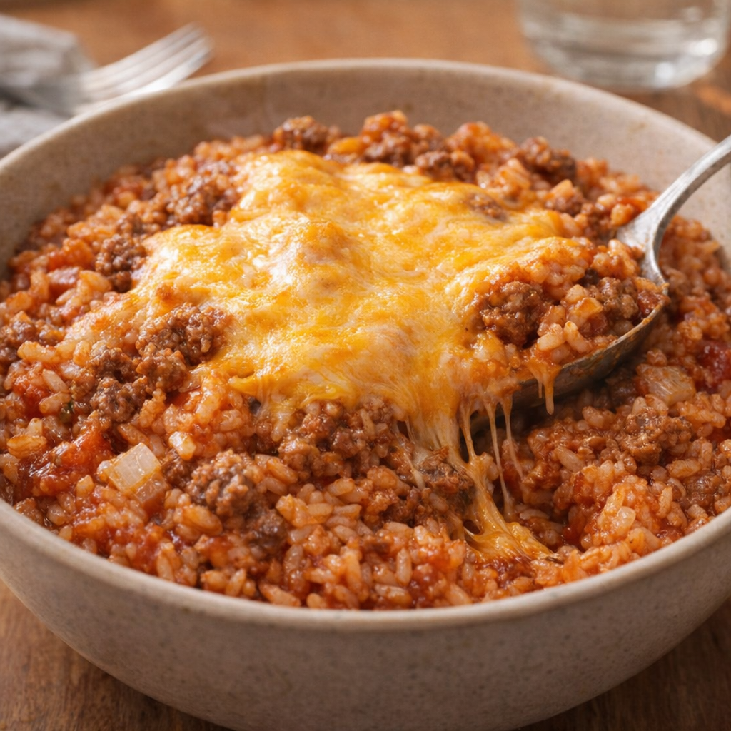 Texas hash topped with melted cheese in a serving bowl