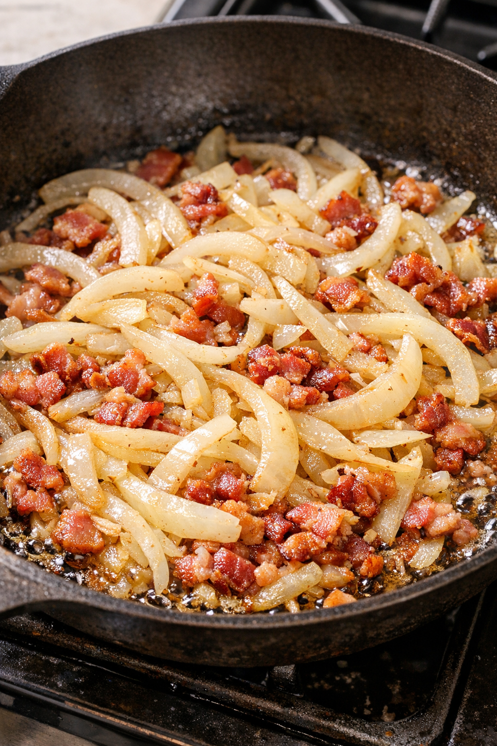 Onion softening with bacon in the skillet