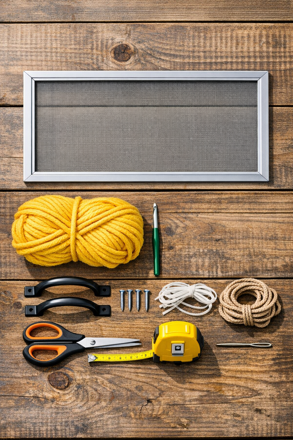 Materials for a crocheted serving tray made with a metal window screen frame and yellow yarn