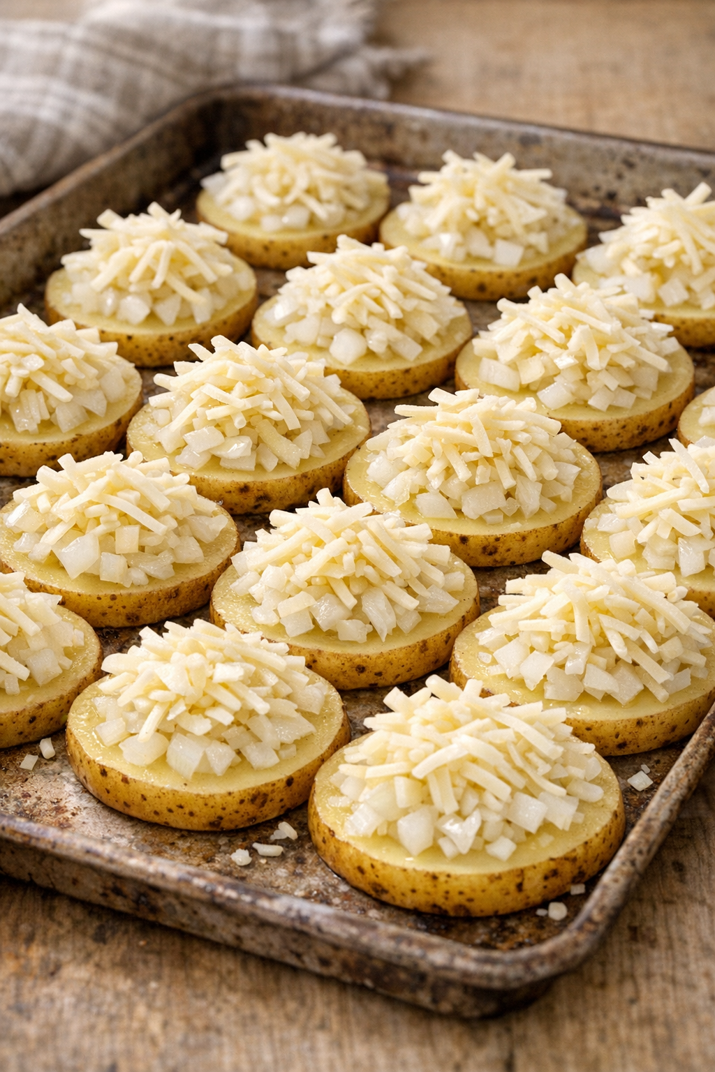 Potato rounds topped with onion and Swiss cheese
