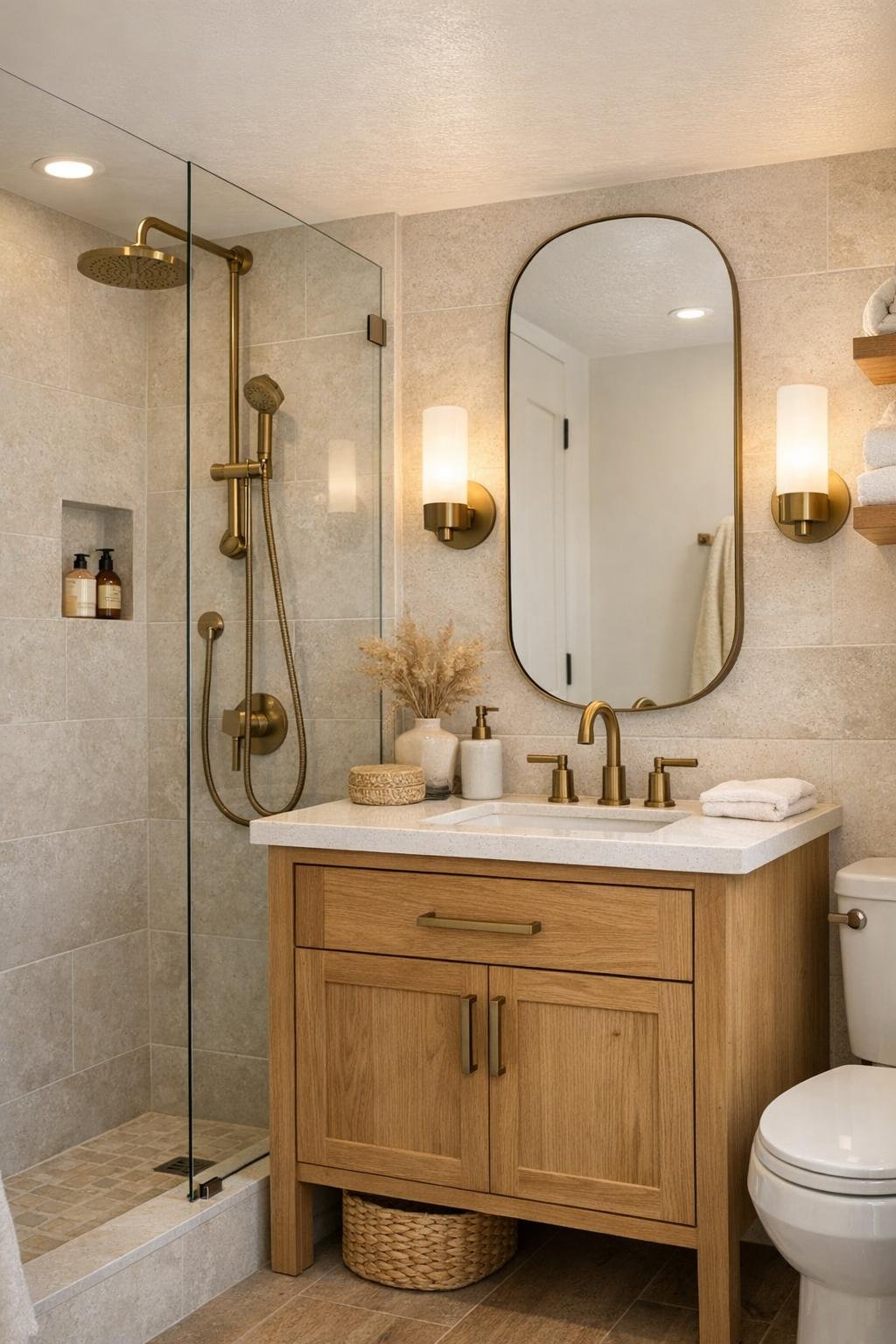Refined small bathroom with pale tile, oak vanity, brushed brass fixtures, and pill-shaped mirror