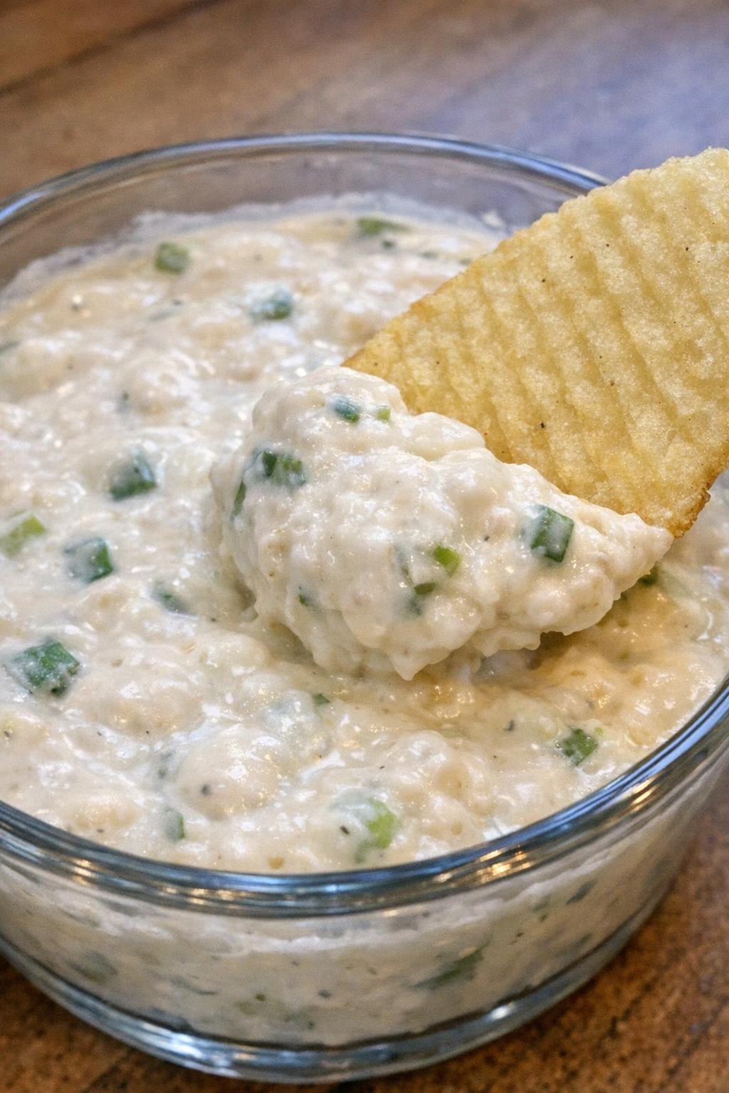 Close-up of scallion dalton dip in a glass bowl with a potato chip scooping it