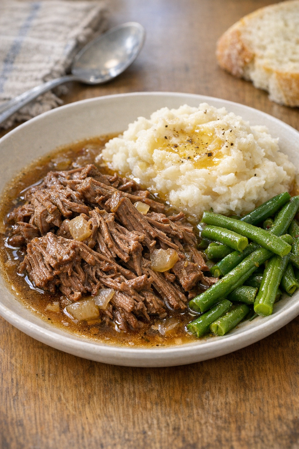 Finished slow cooker beef plated with rich broth