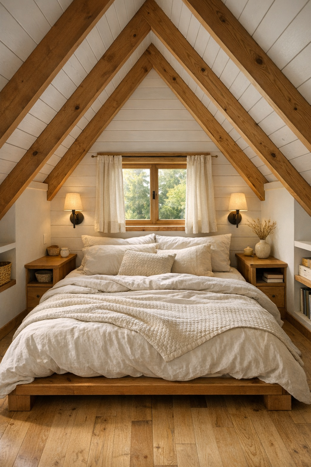 Peaceful A-frame bedroom with a low wood bed, ivory bedding, angled ceilings, and soft natural light