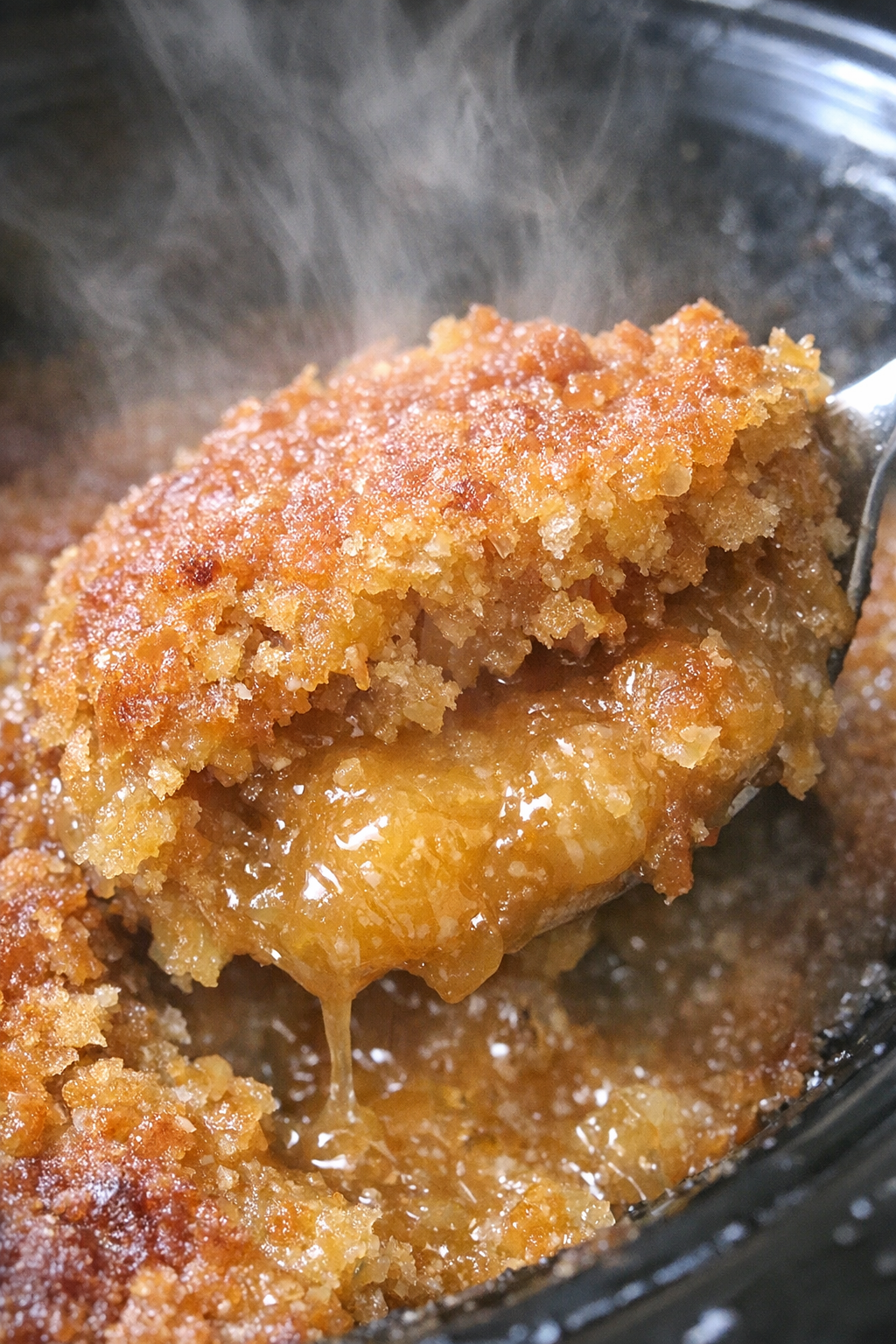 Golden caramel-hued slow cooker dessert with craggy crust and molten center