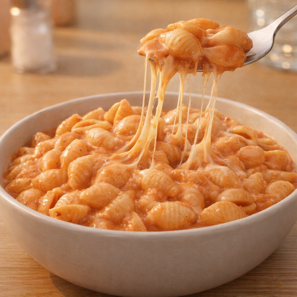 Creamy kid-friendly version of tomato pasta with melted cheese