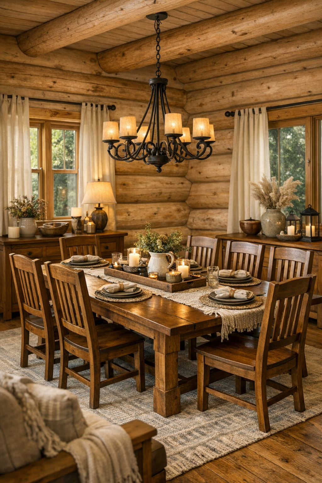 Amish-crafted dining room with solid wood table in a bright log home interior
